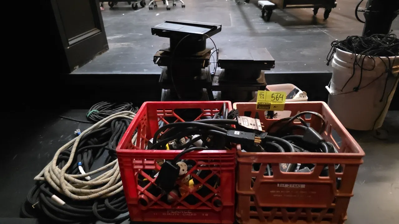Assorted stage lighting cables and accessories. Includes stage pin (2P&G) jumper cables featuring Rosco connectors, electrical plug adapters, bundled