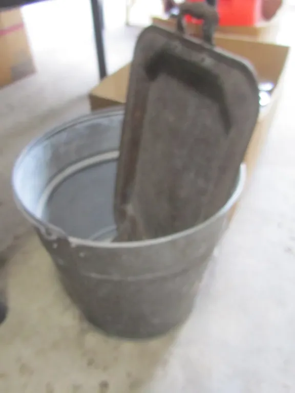 Brass Dinner Bell, Galvanized Bucket, And Vintage Serving Tray