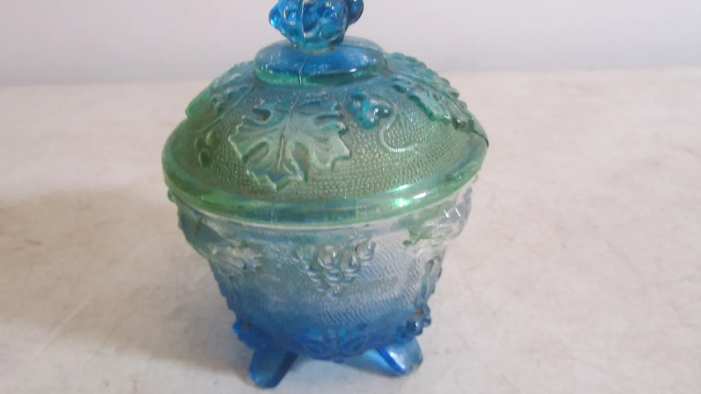 Green/Blue Cut Glass Candy Dish w/Lid