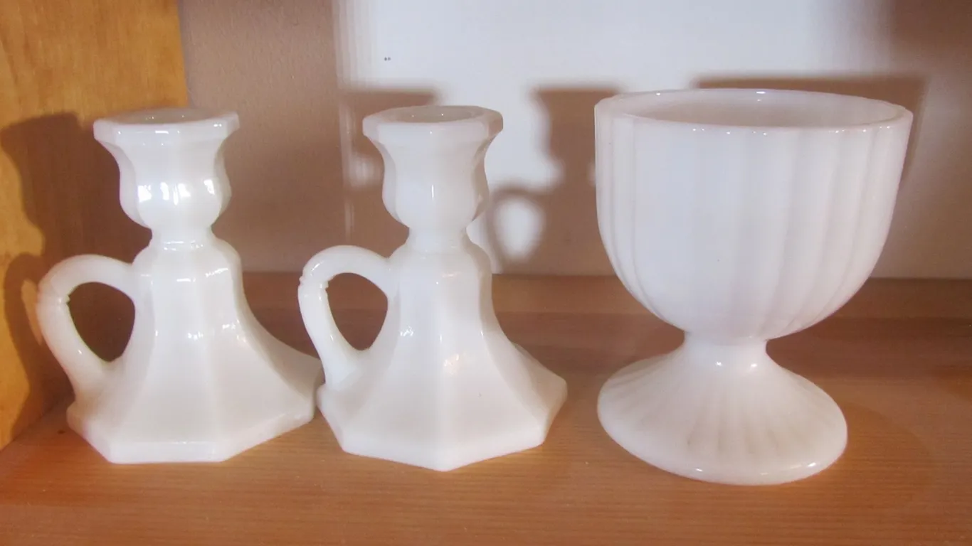 (2) Milk Glass Candleholders, Milk Glass Cup, And Some Marbles