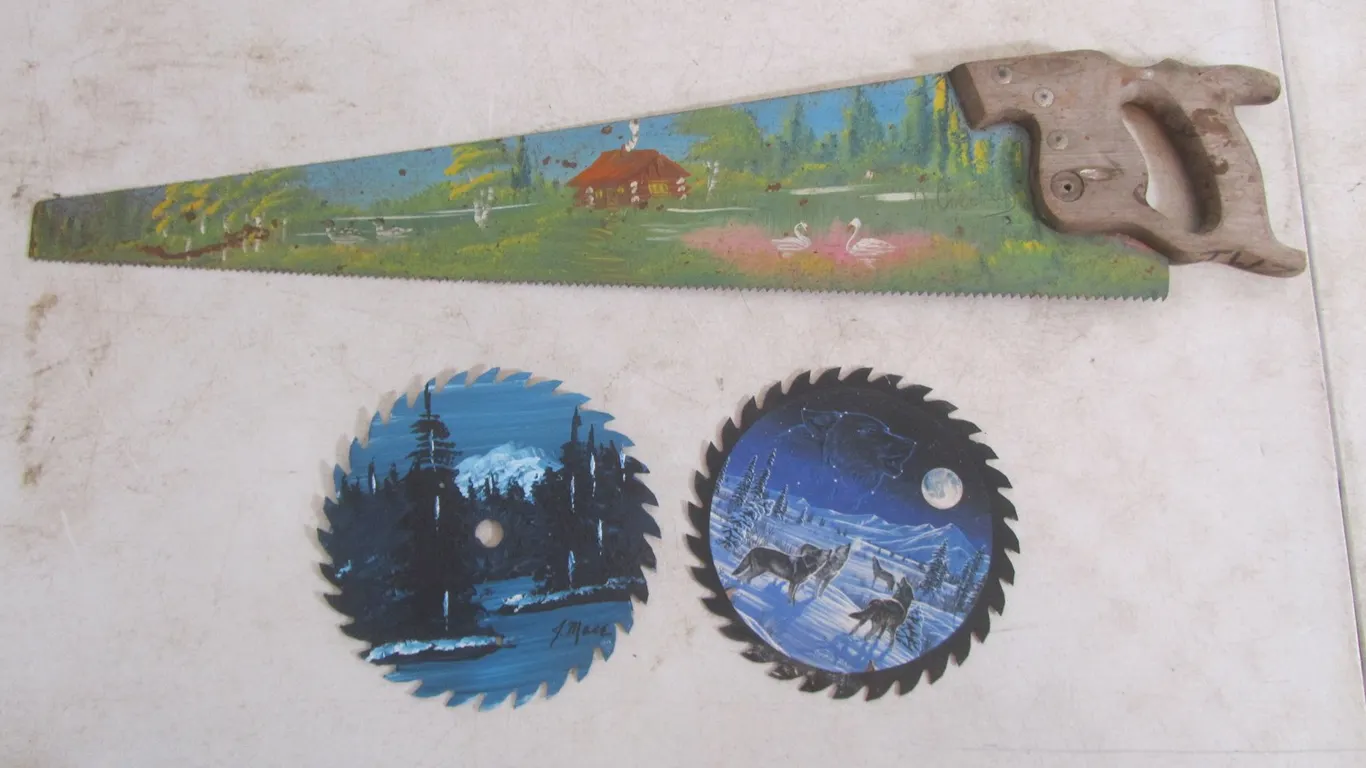 Hand Painted 26" Saw And (2) Saw Blades