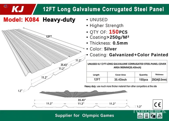 Quantity of (150) 2026 KJ K084 35 in x 12 ft Galvalume Corrugated Steel Sheets Steel Plates (Unused)