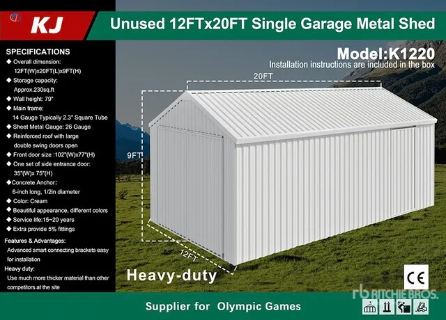 2026 KJ K1220 12 ft x 20 ft Metal Garage Storage Building (Unused)