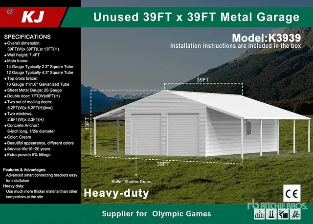 2026 KJ K3939 39 ft x 39 ft Double Garage Metal Storage Building (Unused)