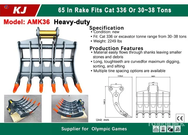 2026 KJ AMK36 65 in Excavator Rake - Fits Cat 336 / 30 - 38 ton (Unused)