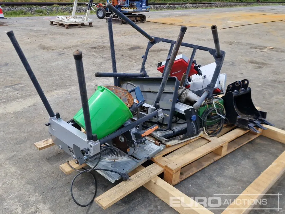 Pallet of 12" Digging Bucket, Table Saw, Quick Cut Saw, Edge Cutter, Band Saw, Makita Welding Machine, Plastic Roof