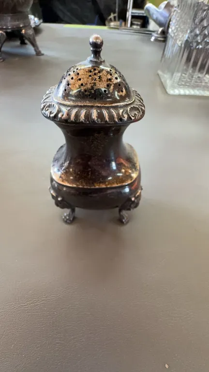 English Silver Plate Footed Pepper Shaker with Pierced Silver Mounts