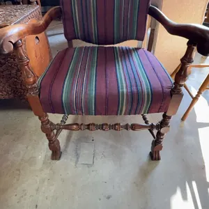 Upholstered Carved Wood Armchair with Striped Fabric