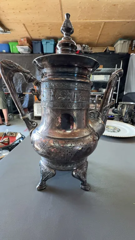Engraved Metal Samovar With Lid And Ornate Detailing