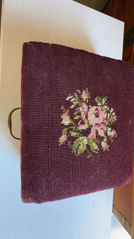 Wooden Footstool with Needlepoint Top and Storage