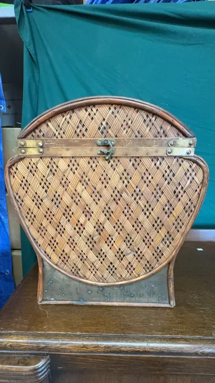 Woven Wood and Brass Decorative Lidded Basket Chest 22" x 19"