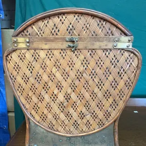 Woven Wood and Brass Decorative Lidded Basket Chest 22" x 19"
