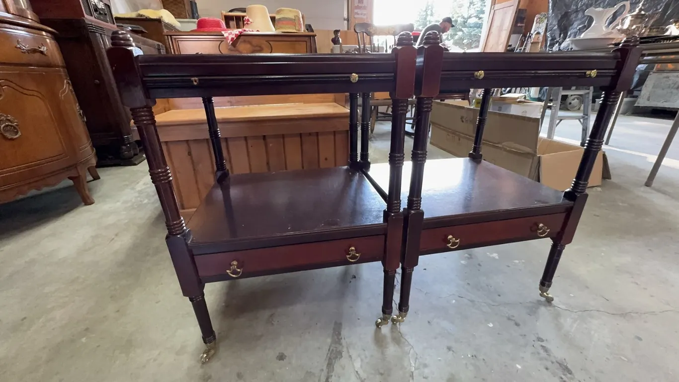Mahogany Two-Tier Side Tables with Drawers and Brass Casters