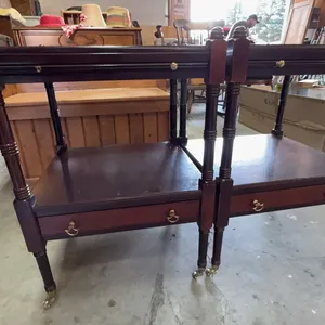 Mahogany Two-Tier Side Tables with Drawers and Brass Casters