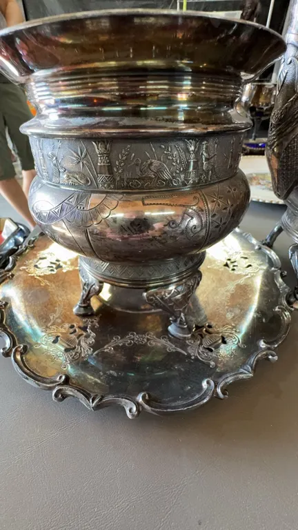 Ornate Silverplate Wine Cooler and Matching Tray Set