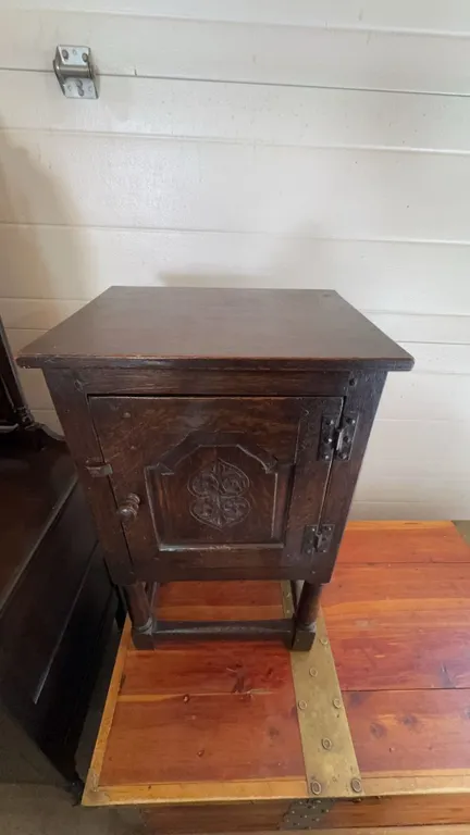 Dark-Stained Wood Cabinet with Carved Door, 15" x 15" x 29.5"