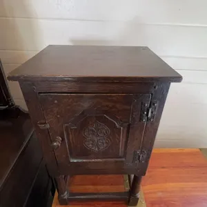 Dark-Stained Wood Cabinet with Carved Door, 15" x 15" x 29.5"
