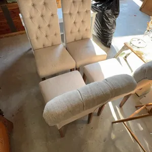 2 Tufted Upholstered High-Back Dining Chairs with 2 Ottomans