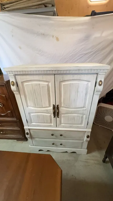 White Distressed Wood Armoire with Brass Hardware, 38"W x 18"D x 49"H
