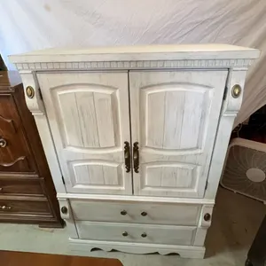 White Distressed Wood Armoire with Brass Hardware, 38"W x 18"D x 49"H