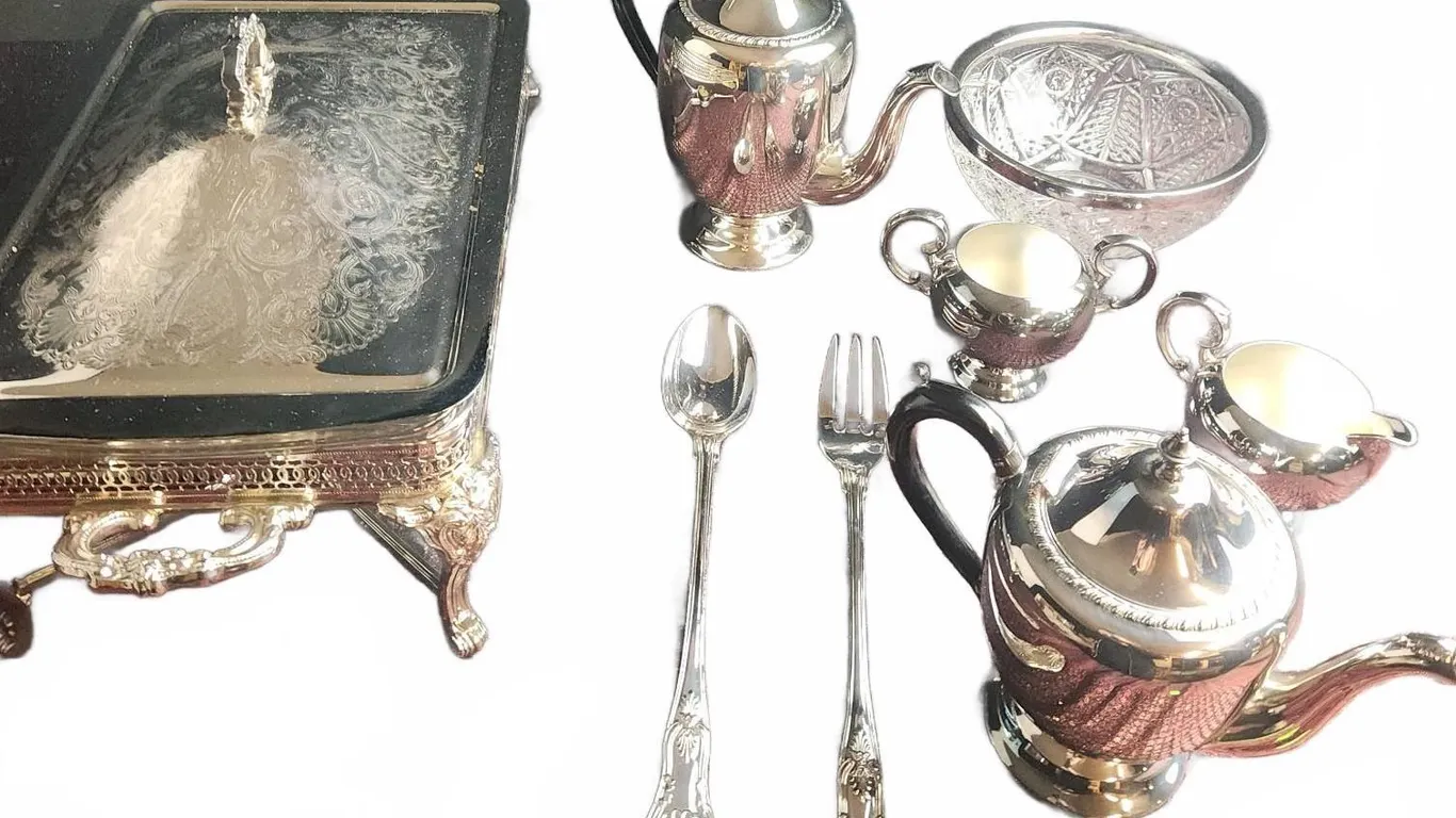 Silver Plated Tea Set With Chafing Dish and Serving Utensils