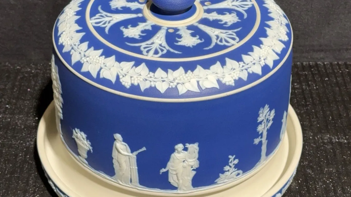 Samuel Lear 1884 Blue Jasperware Cheese Dish, Rare Piece