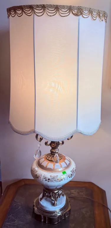 Ceramic Table Lamp with Ornate Metal Accents and Fabric Shade