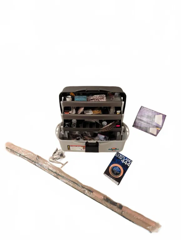 Fishing Gear Lot With Tackle Box, Spin Reel, Rod, Fly Line and Accessories