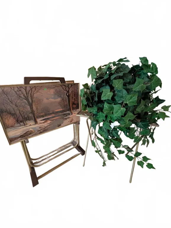 Four Classic Retro Folding TV Trays and Faux Ivy Plant