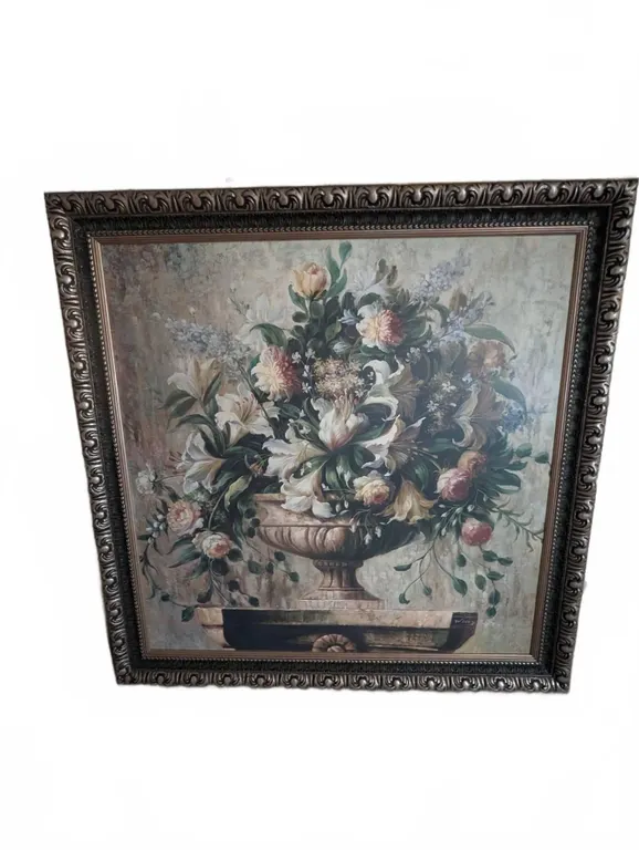 48x48 Framed Floral Oil On Board Painting Signed Welly
