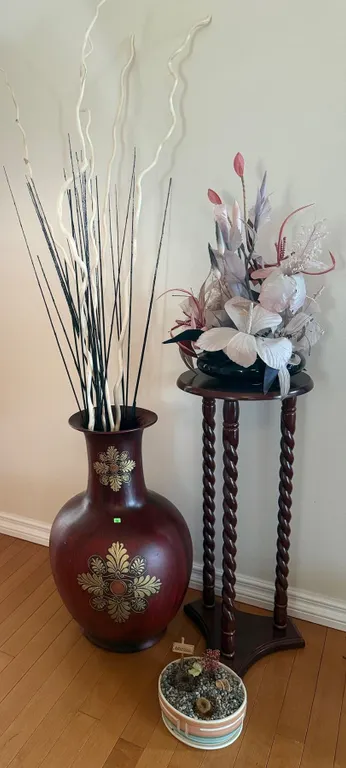 Large Decorative Vase, Potted Cactus, Pedestal Table, and Artificial Flower Arrangement