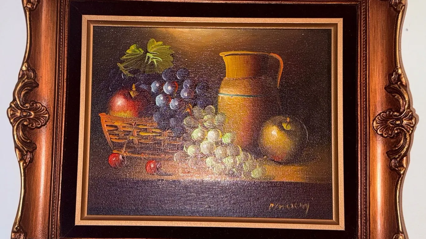 Framed Still Life Oil Painting with Fruit and Pitcher Signed