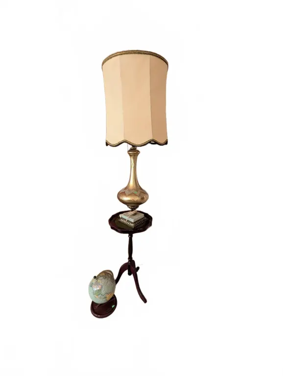 Tall Table Lamp, Wood Pedestal Table, and Desktop Globe