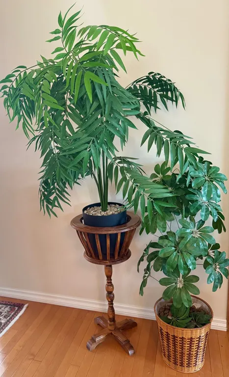 Artificial Palm and Schefflera Plants with Planters and Wood Plant Stand