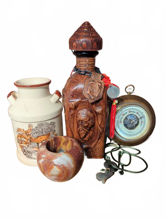 Decorative Lot: Decanter, Ceramic Jug, Pottery Vase, Barometer