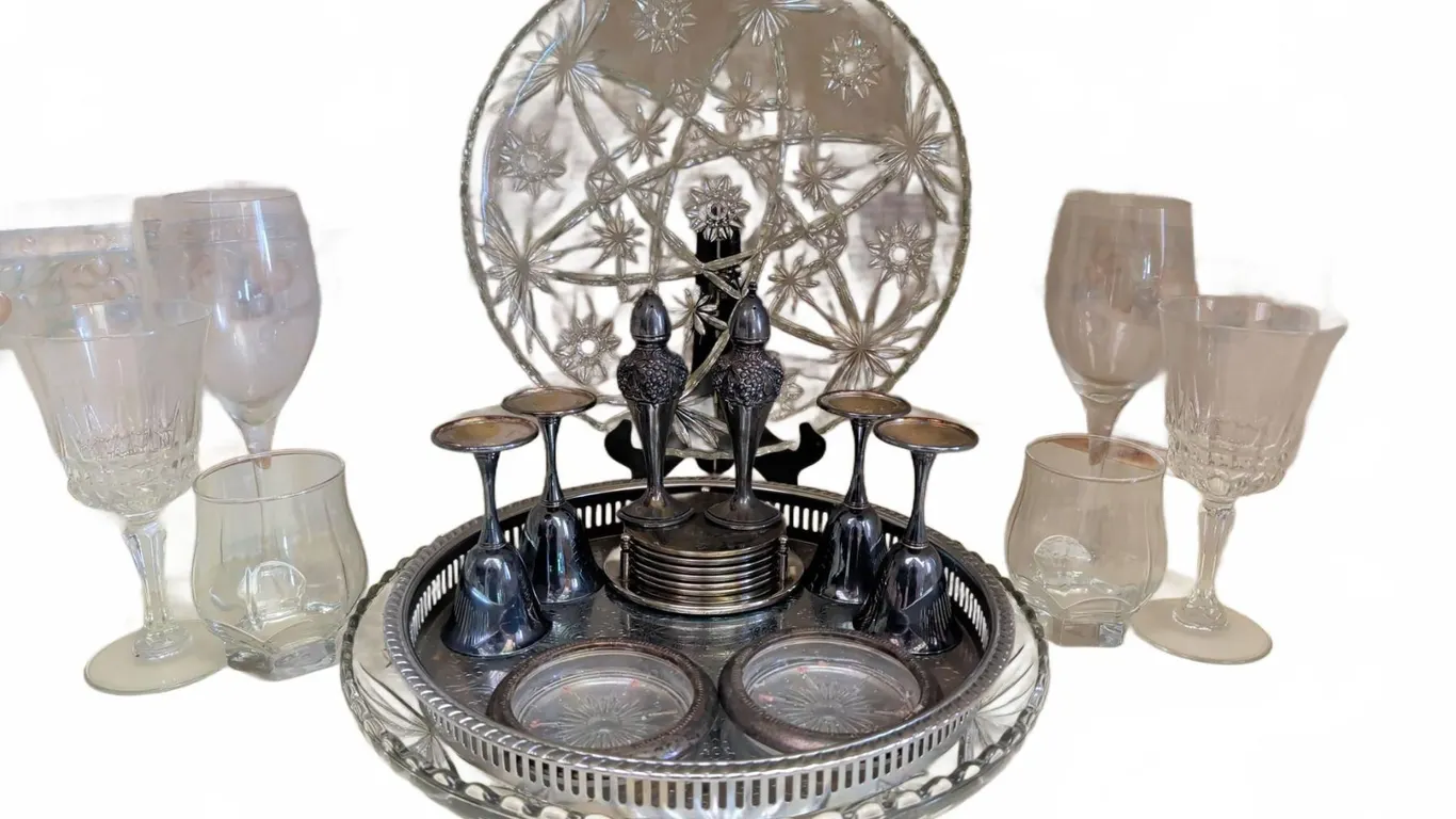 Silver Plate and Glass Barware Set Including Trays and Goblets