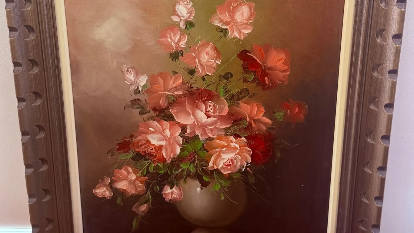 Robert Cox Floral Still Life Oil Painting in Decorative Frame