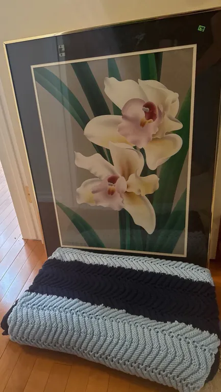 Framed Orchid Flower Print and Knit Blanket Bundle