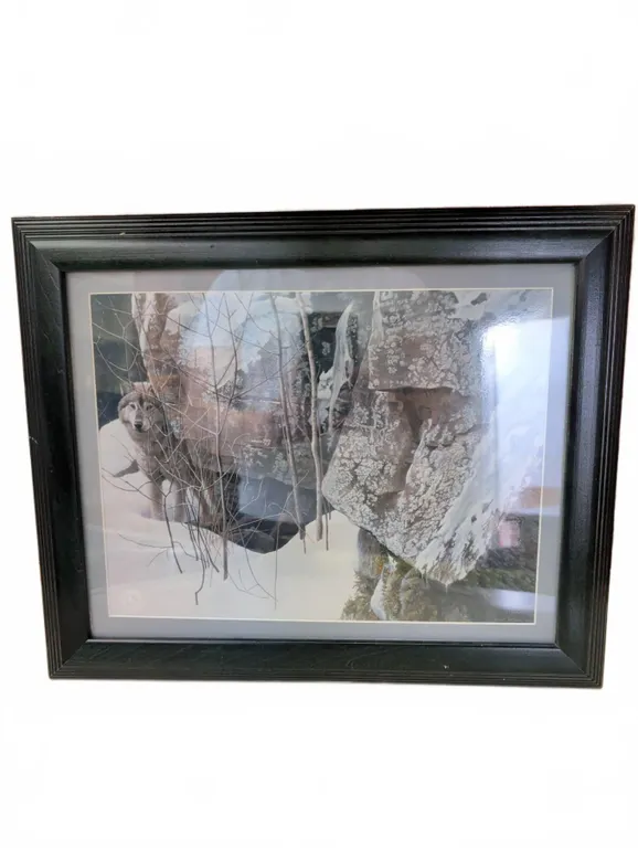 Framed Wolf Art Print with Winter Scene, 16 x 12 Inches