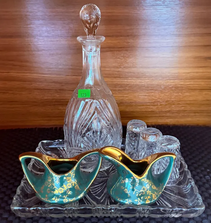 Cut Glass Decanter Set With Teal and Gold Creamer and Sugar Bowls