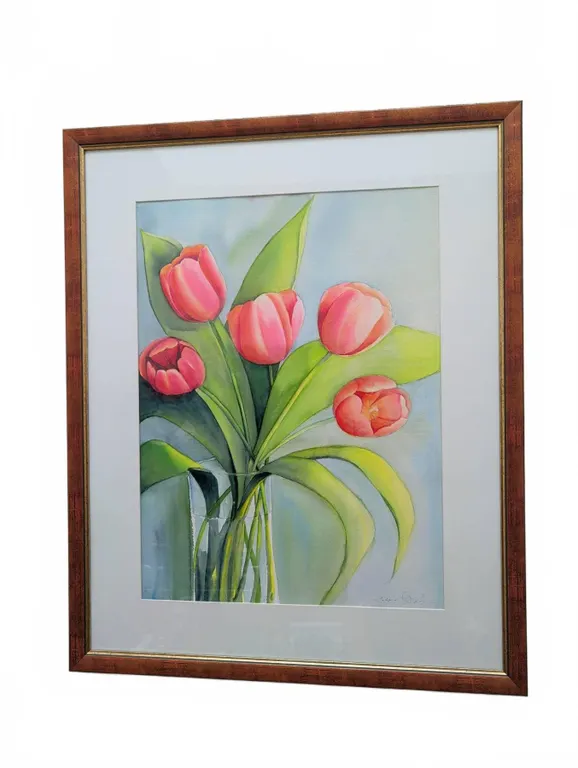 XL Framed Watercolour Painting of Tulips, Signed