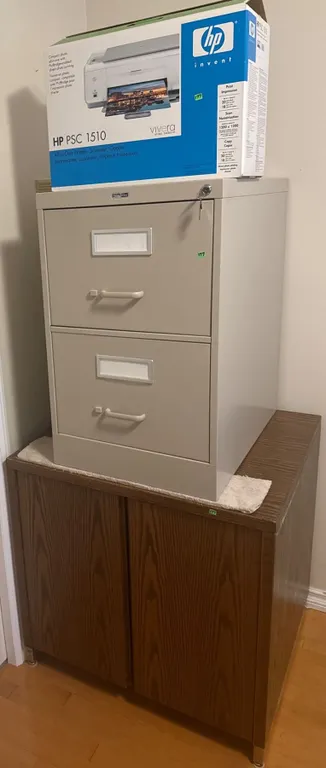 HP PSC 1510 Printer, Two-Drawer Metal Filing Cabinet, and Wood Storage Cabinet