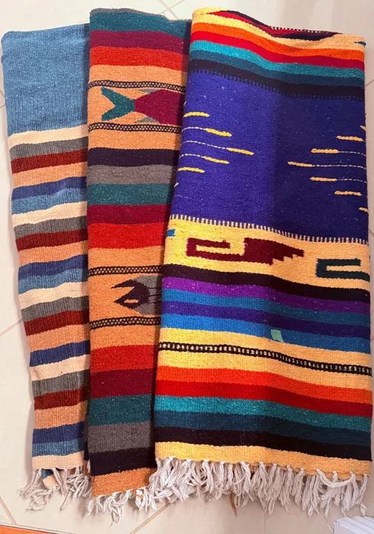 Three Handwoven Wool Striped Blankets with Fringe
