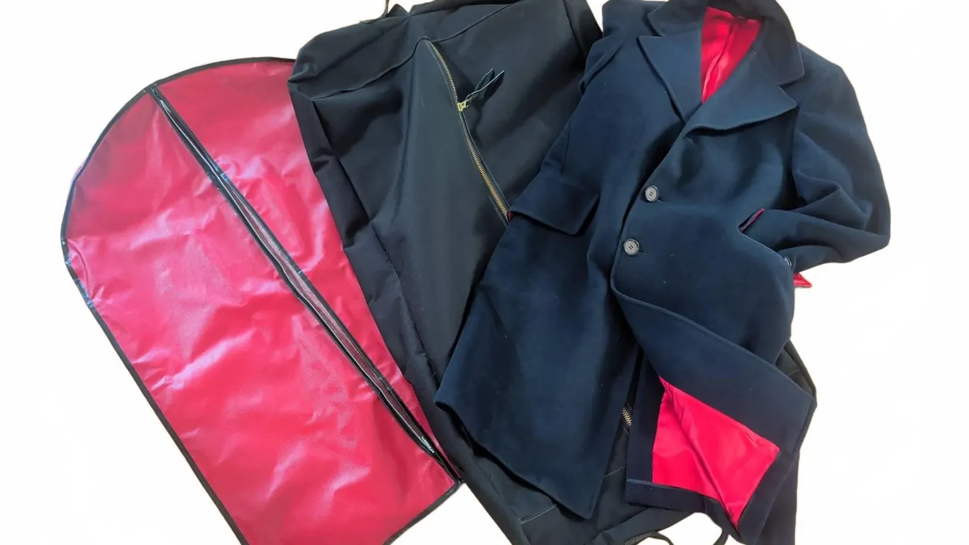 Men's Wool and Cashmere Black Overcoat with Red Lining and Garment Bags