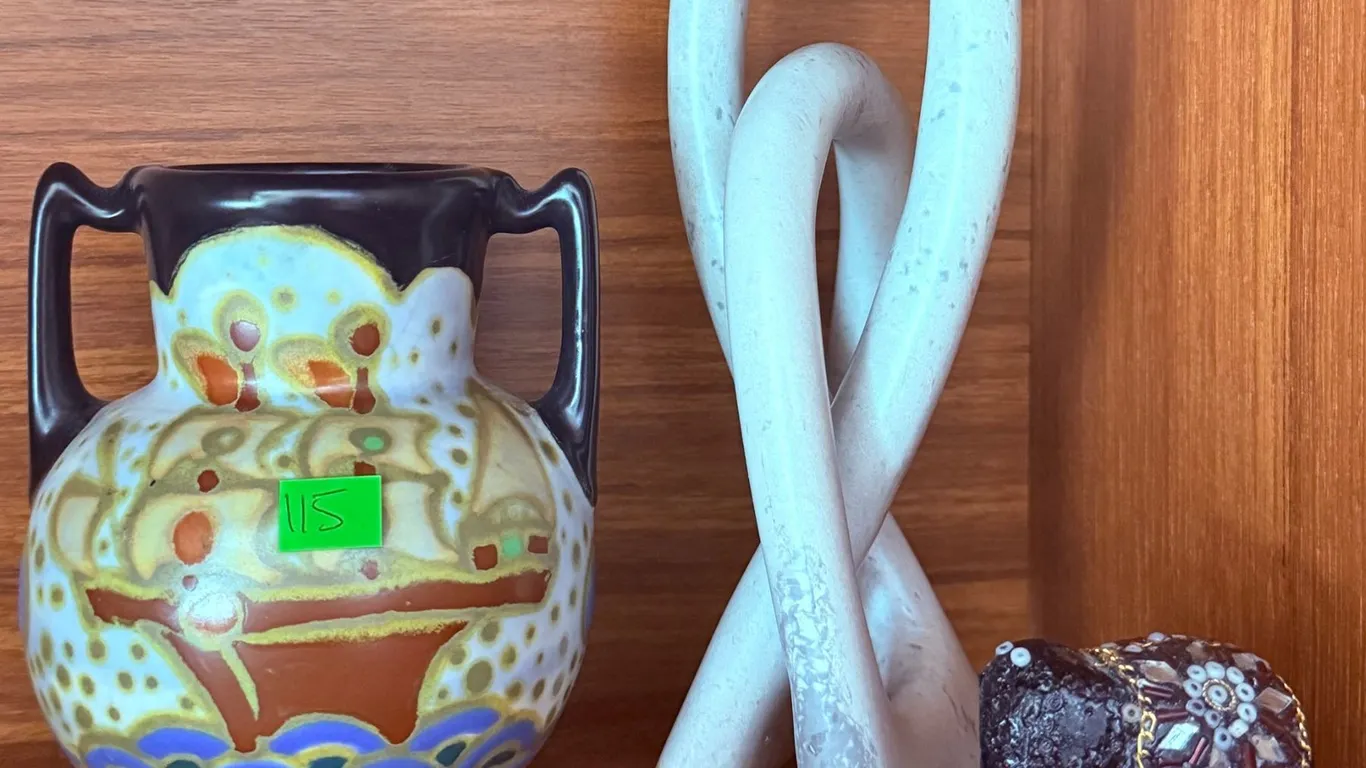 Three Decorative Items: Ceramic Vase, Abstract Sculpture, Mosaic Elephant