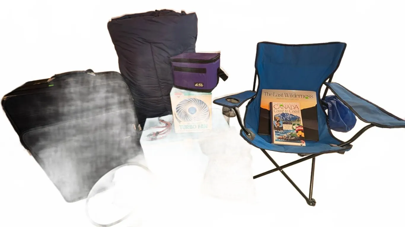 Camping and Outdoor Lot With Chair, Cooler, Fan, and Gear