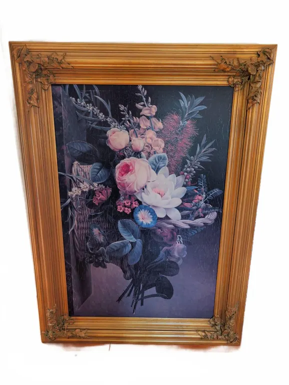 Framed Floral Still Life Oil Print, Gold Gilt Frame, 47x35 Inches