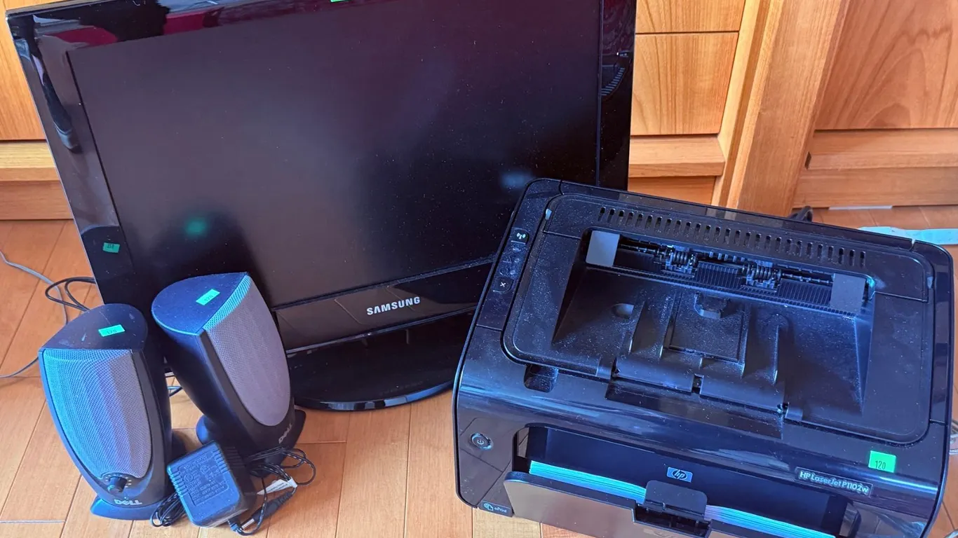Samsung Monitor, Dell Speakers, HP LaserJet P1102w Printer