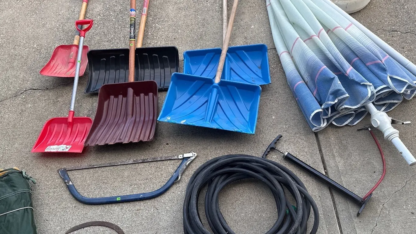 Garden and Snow Tools Lot with Umbrella and Base