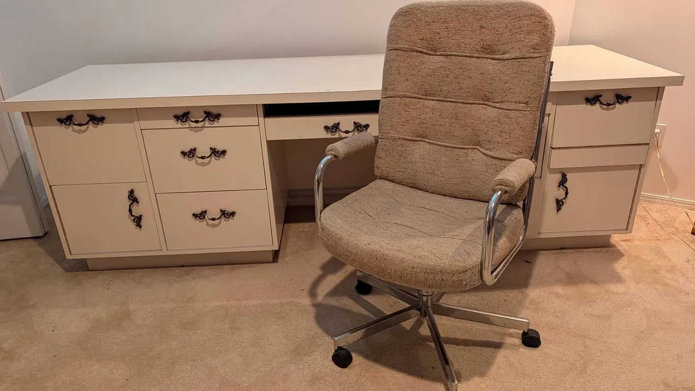 Vintage Desk/Work Bench w/Tweed Office Chair on Castors